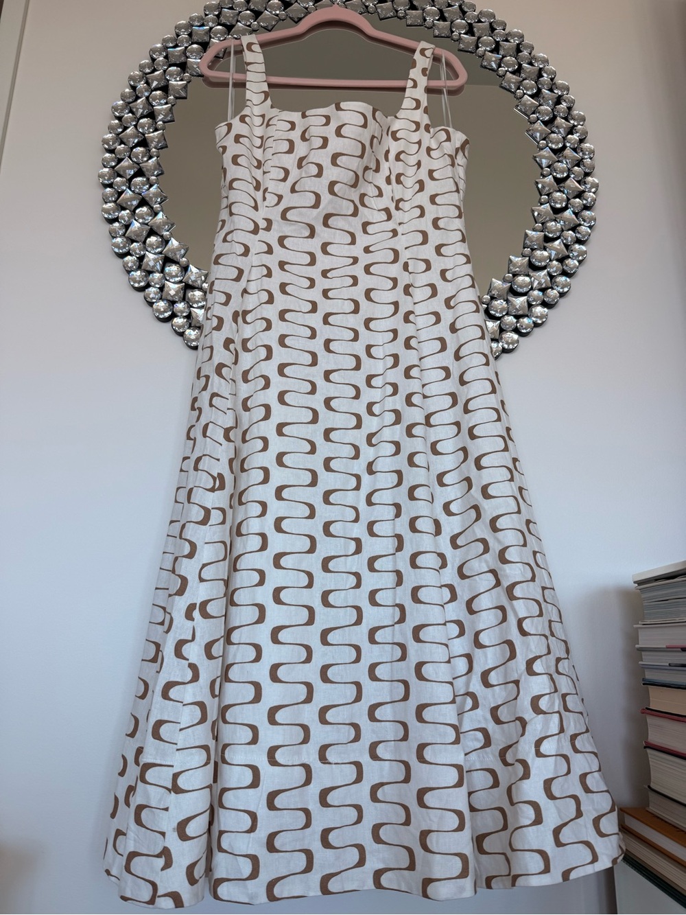 Christian Lacroix White linen Midi Dress with Brown Wave Motif